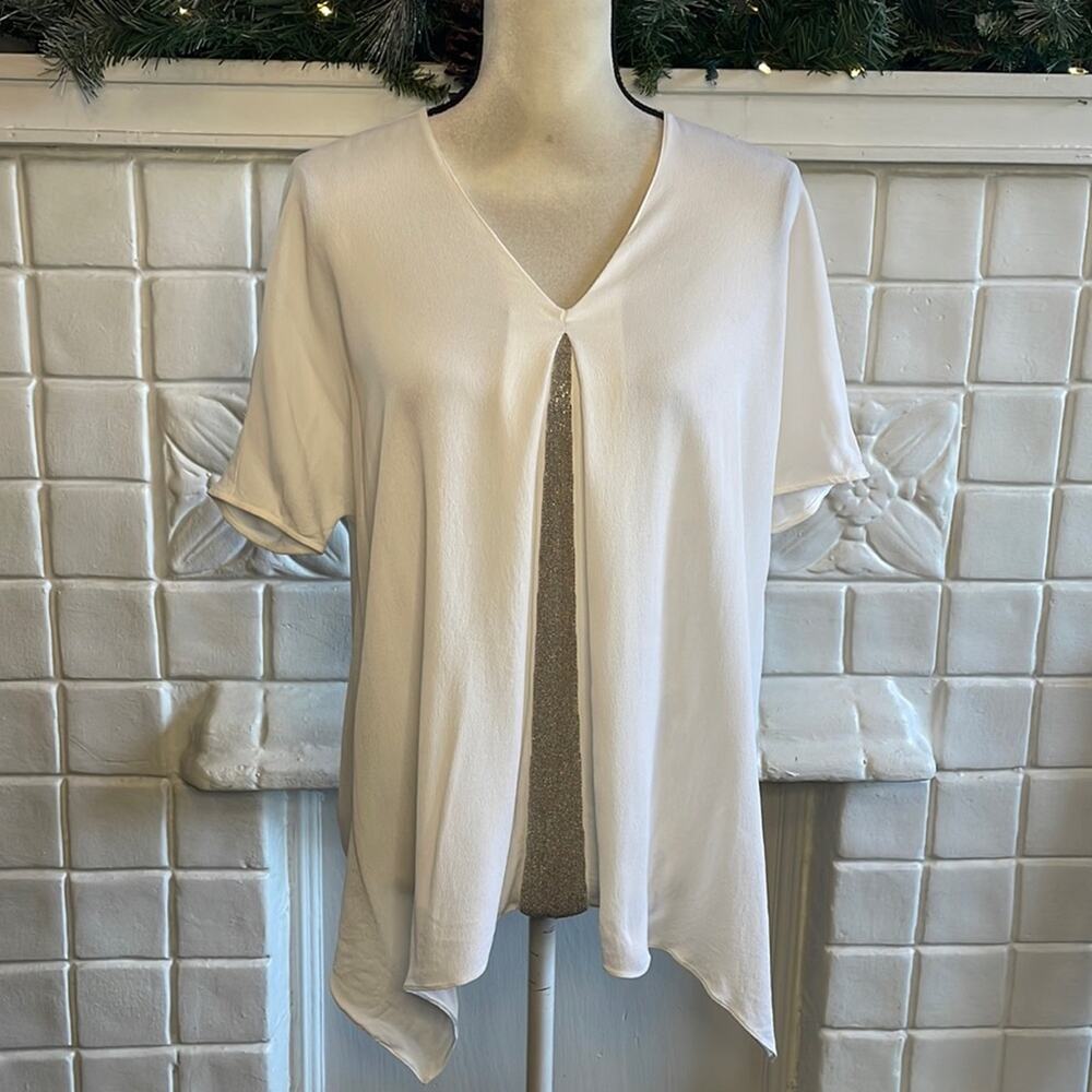 Fabiana Filippi Solid White Short‎ Sleeve V-Neck Chain Pleat Silk Top Size XS